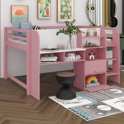 Full Size Kids Low Loft Bed With Built-In Desk, Loft Bed With Drop-Down Cabinets, Bookcase & Whiteboard For Kids Juniors