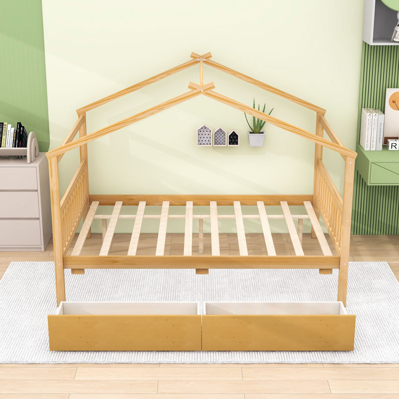 Full Size Wood House-Shaped Bed With Sky Roof And Storage Drawers, Natural