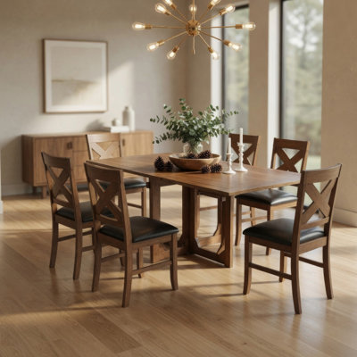Ensemble de table de salle à manger rectangulaire 7 pièces Hosa, sièges en similicuir, bois de manguier brun