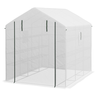 Outsunny 8' X 6' X 7' Walk-In Greenhouse With Mesh Door And Windows, 18 Shelf Green House With Trellis, Plant Labels, UV Protective For Growing Flowers, Herbs, Vegetables, Saplings, White