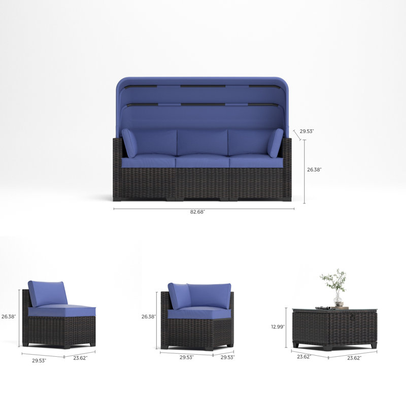 Lit de jour d'extérieur avec auvent, ensemble de canapé de patio convertible avec table élévatrice, mobilier de conversation en osier résistant aux rayons UV avec repose-pieds, 1A