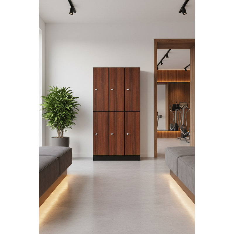 Casier de rangement en bois à 2 colonnes et 6 compartiments à 2 niveaux avec panneaux d'extrémité, serrure à clé, Brown