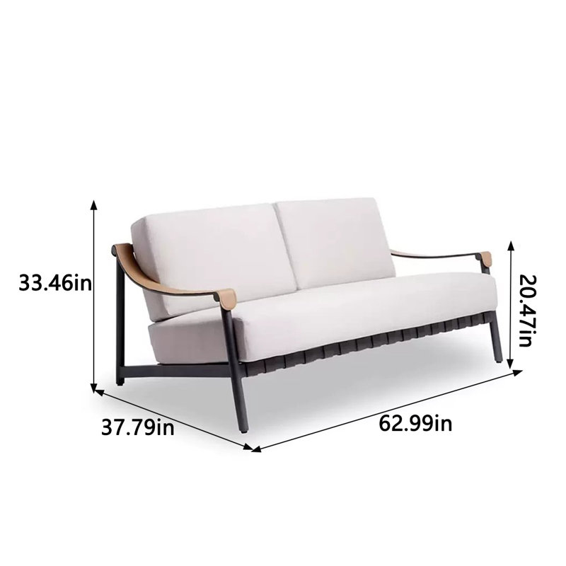 Outdoor Sofa Aluminum Frame Bamboo Rattan 62.99'' Wide Rectangle Patio Sofa with Cushions