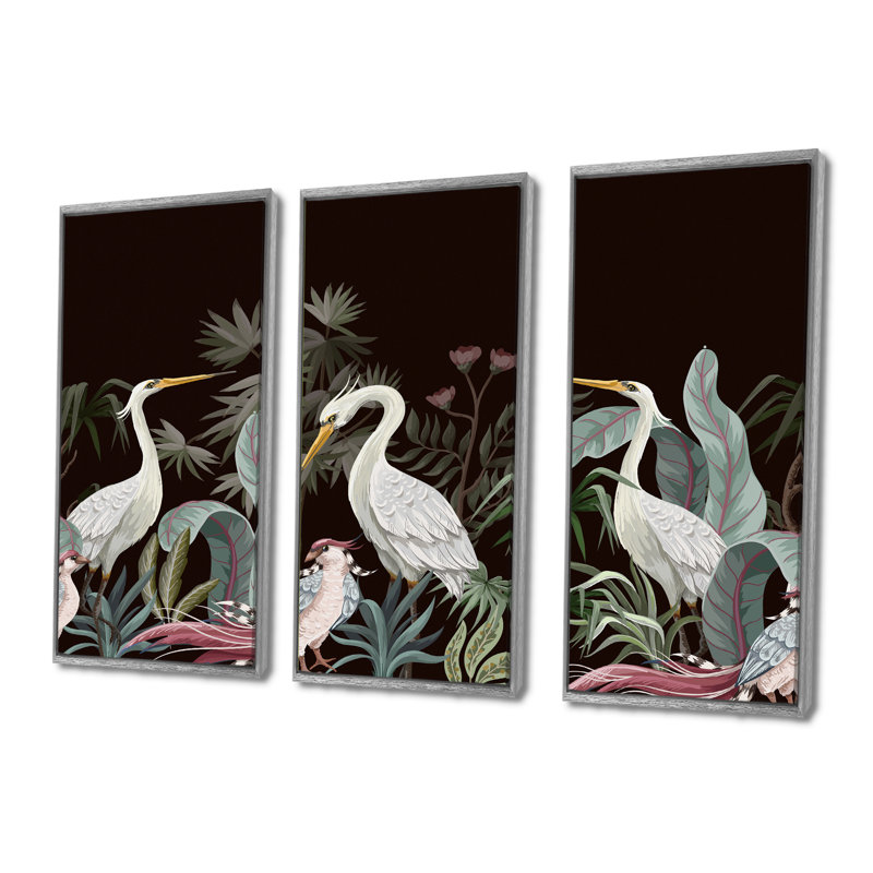 Chinoiserie avec oiseaux et pivoines III - ensemble de 3 toiles encadrées traditionnelles, H 40 po x l 60 po, Silver