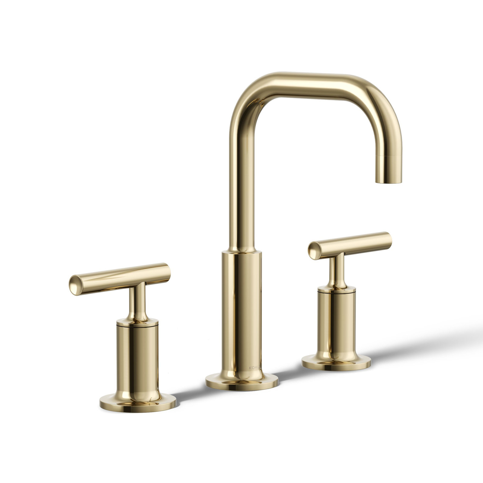 Purist Widespread Faucet with Drain Assembly Low Lever Handles and Low Gooseneck Spout, Vibrant French Gold