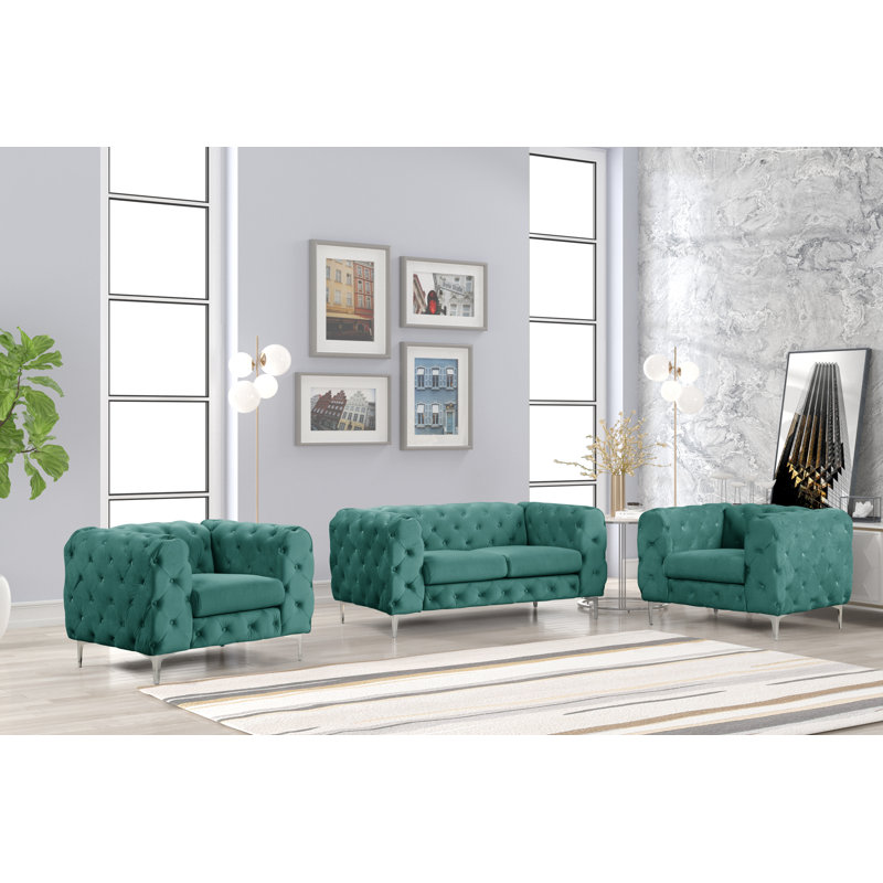 Ensemble de salon 3 pièces en velours, Vert jade
