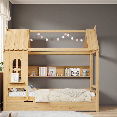 Lits de maison avec tiroirs de rangement et fenêtre, cadre de lit plateforme en bois massif avec tablettes, pour enfants, filles, garçons, aucune boîte à ressorts nécessaire et conception enfantine