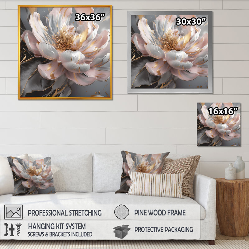 Marbre rose doré, pivoine III, art abstrait sur toile marbrée, H 24 po x l 24 po, Toile tendue, Sans cadre