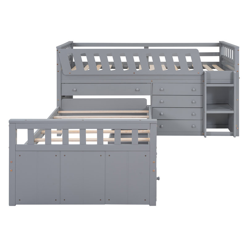 Lit mezzanine simple en L et lit plateforme simple avec 7 tiroirs et garde-corps complets en L (gris)