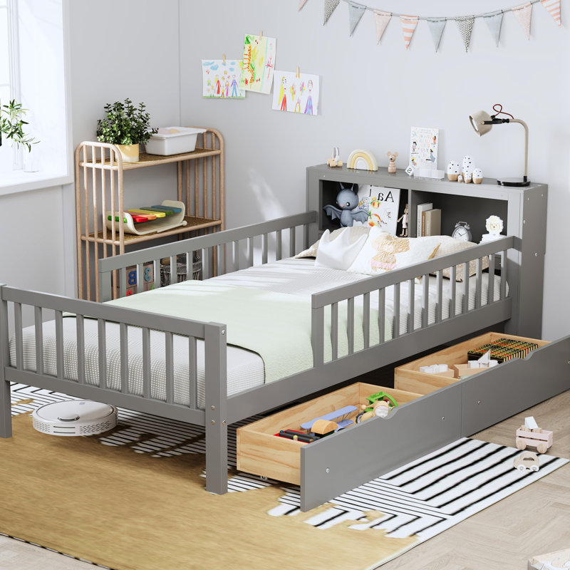 Lit simple avec rangement efficace et trois barrières de sécurité fonctionnelles, Gray