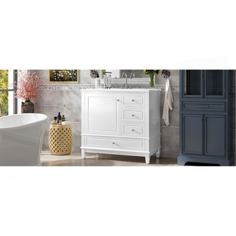 Meuble-lavabo sur pied 36 po avec lavabo en céramique, panneau de fibres à densité moyenne et base en bois massif, 3 tiroirs et armoire avec tablettes, finition peinte en blanc, meuble-lavabo autoportant avec trous de robinet de 4 po