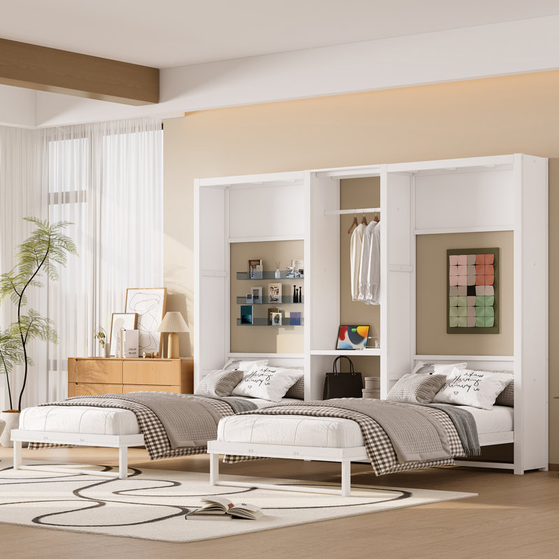 Lit escamotable simple et simple avec garde-robe, tablettes et prise de courant, lit mural en métal 2-en-1 pliable et peu encombrant