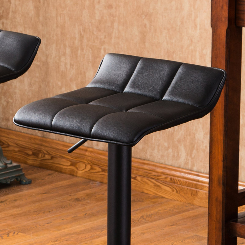 Dining Area Adjustable Height Bar Table With Black Square Top And 2 Swivel Leather Rotating Stool Units For Office
