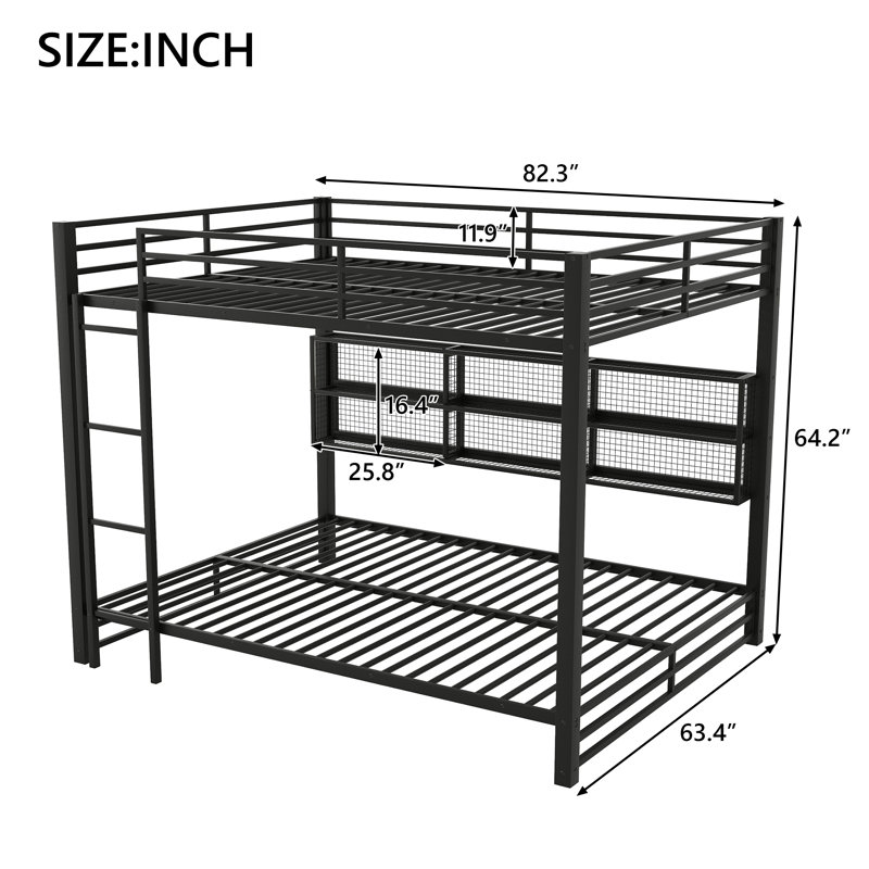 Metal Queen over Queen Bunk Bed with Storage Cabinets and LED, Black