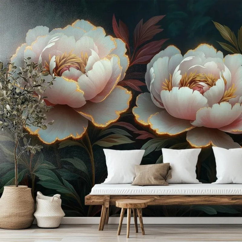 Adhésif mural pivoine rose sur fond foncé, 108" L x 192" W