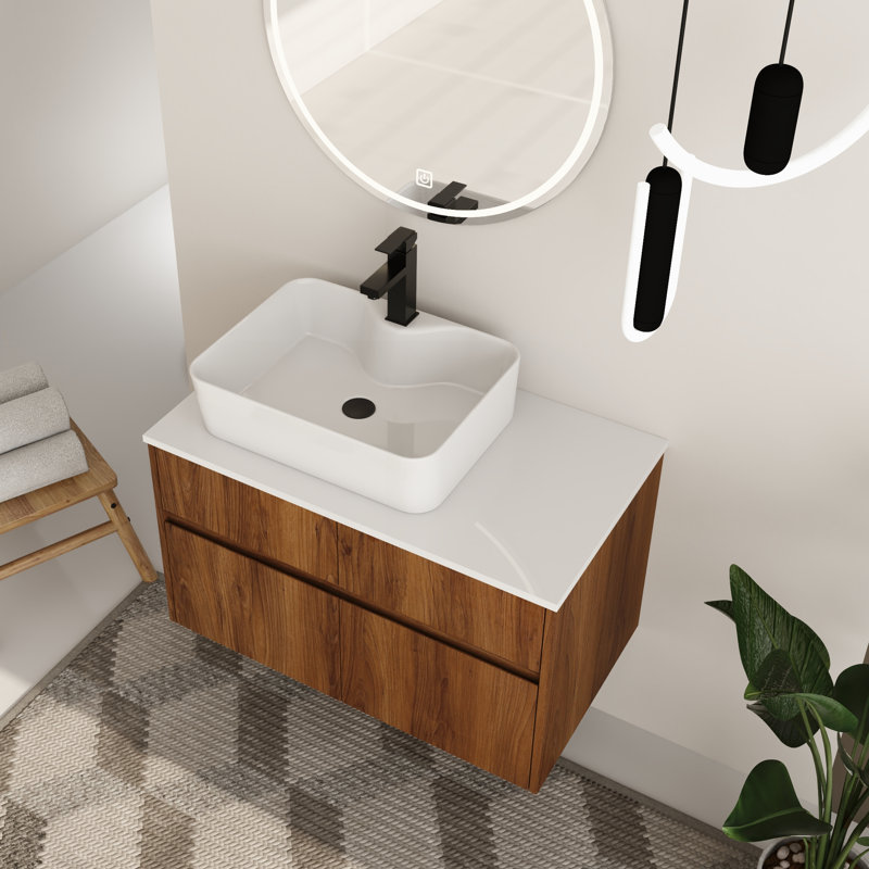 Ensemble de meuble-lavabo mural simple 32 po avec plateau en céramique Zephric, Square, Brun ébène
