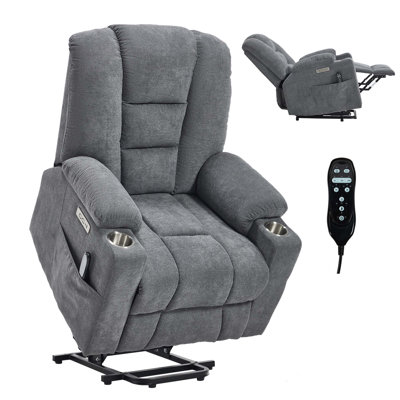 Lift Recliner Chair With Massage And Heat For Elderly, Overstuffed Wide Recliners, Heavy Duty Motion Mechanism With USB And Type C Ports, 2 Steel Cup Holders