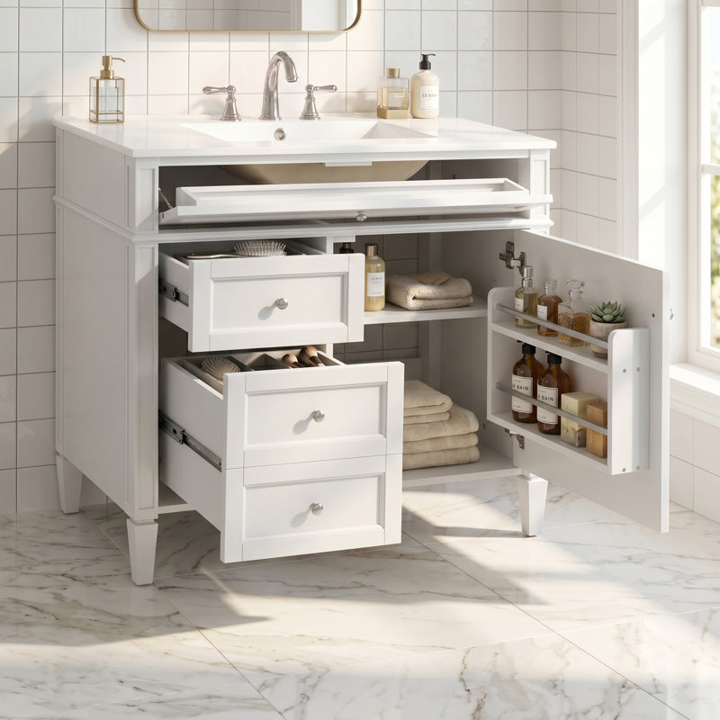 Meuble-lavabo autoportant 36 po en bois aggloméré avec lavabo en céramique blanc, armoire de salle de bain blanche avec 2 tiroirs, tablettes de porte réglables et tiroir basculant