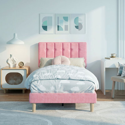 Structure de lit simple tapissier moderne 43,3 po avec tête de lit en velours capitonné Gurit, lit plateforme à profil bas avec lattes de bois robustes, aucun sommier tapissier requis, sans bruit