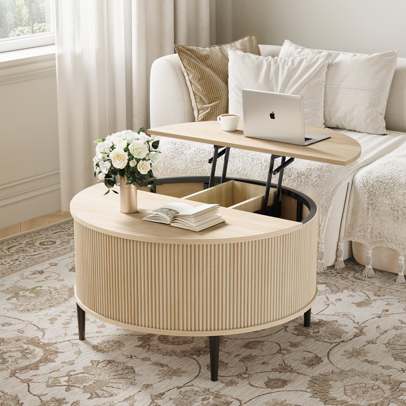 Designer Curved Three-dimensional Texture Lift Top Coffee Table, Natural Wood
