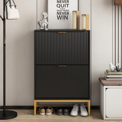 Shoe Cabinet Storage for Entryway, Modern Slim Shoe Organizer, Tipping Shoe Cabinet with 2 Flip Drawers Fluted Panel, Narrow Shoe Rack for Living Room