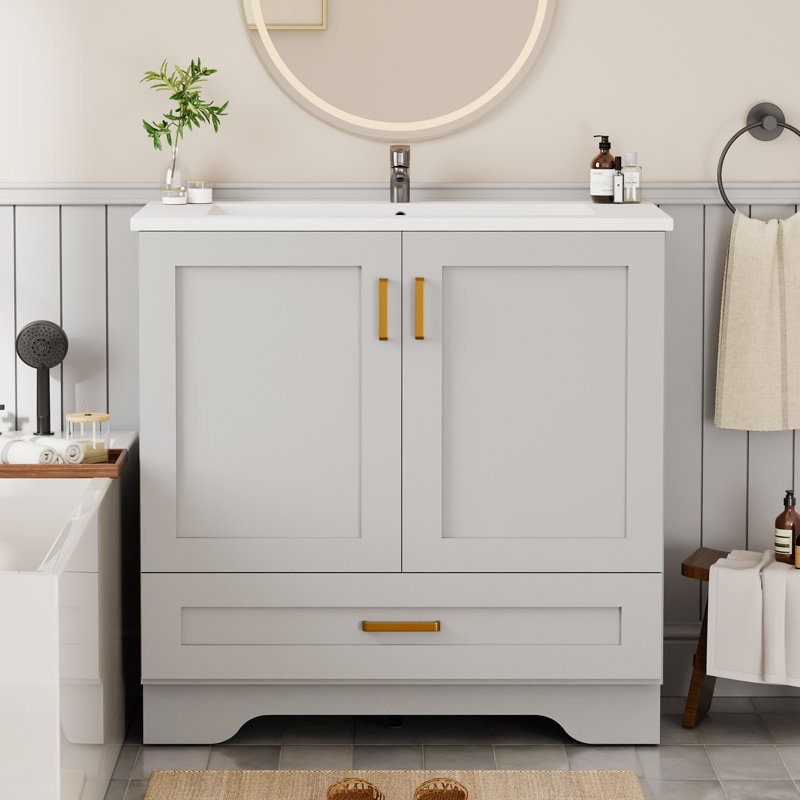 Meuble-lavabo autoportant avec 2 portes et 1 tiroir, poignée en métal, gris 36 po, Gris, 36"