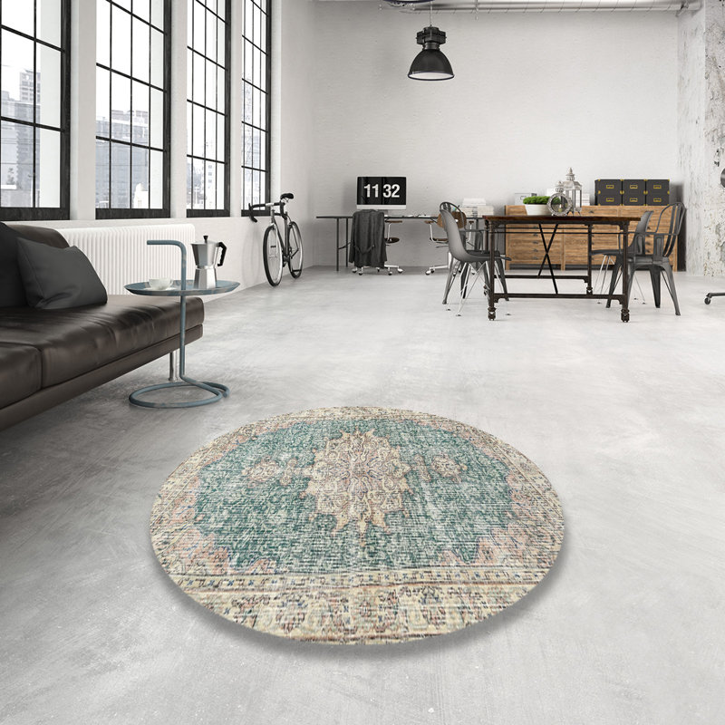 Tapis beige traditionnel/bleu marine Triamkitsawat, Rond 5 pi