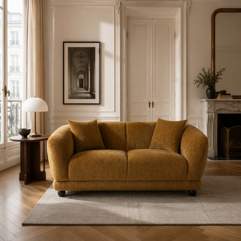 Causeuse en chenille brune avec 2 coussins