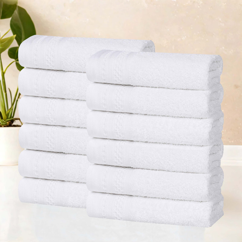Honeycomb Textured Waffle Border Cotton Medium Weight Face Towels Washcloths, White