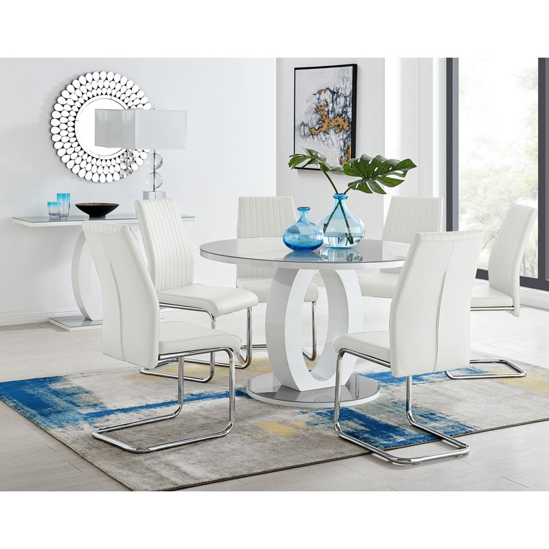 Scottsmoor 6 Seater High Gloss Round Dining Table Set with 6 Luxury Faux Leather Dining Chairs, White, Gray