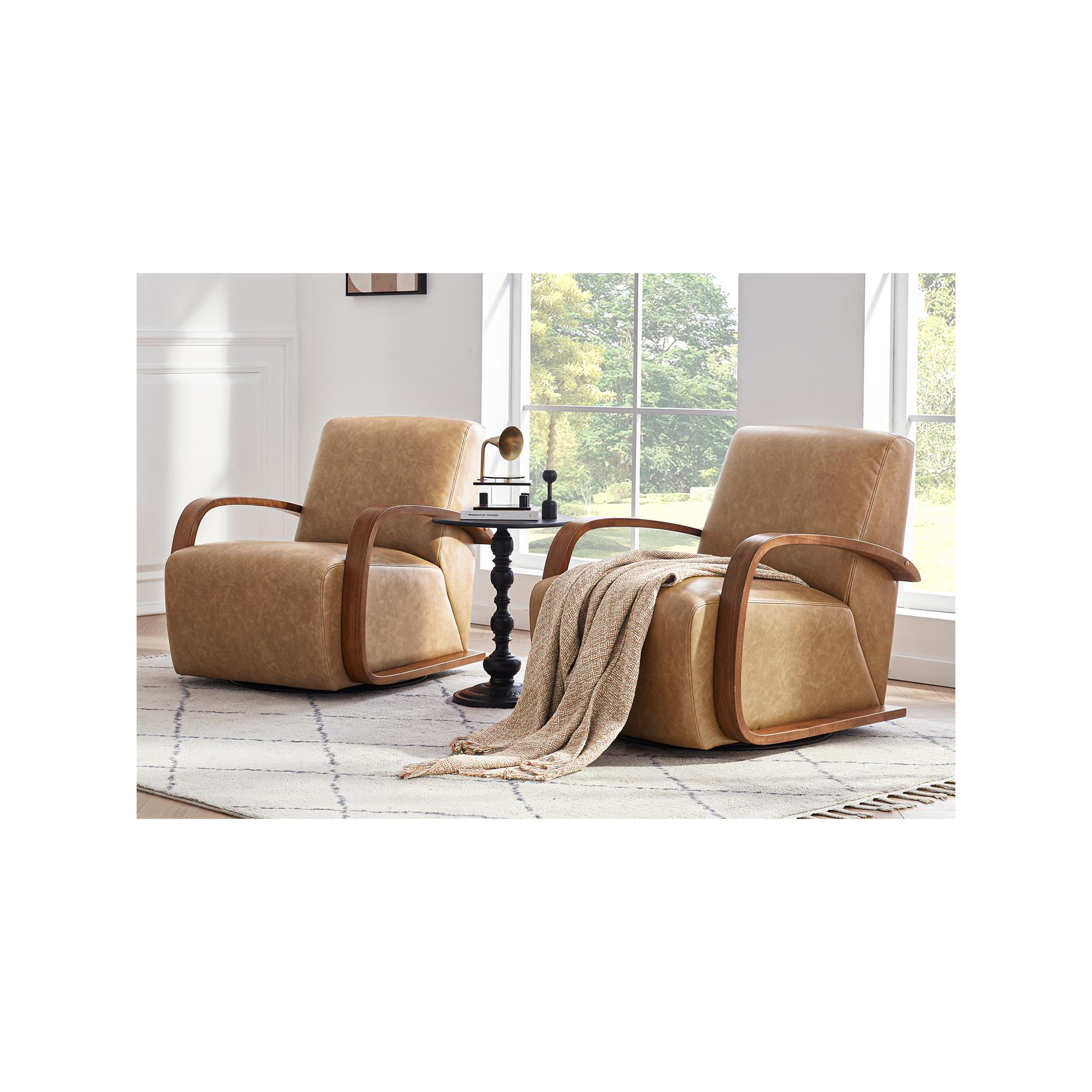 Brehana Swivel Armchair, Hearth Walnut, Cognac Pebbled Vegan Leather