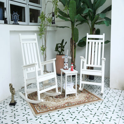 All Weather Rocking Chair Set With Side Table, 3-Piece Rocking Chair Set With Wood-Texture, White(Includes 2 Rocking Chairs And 1 Table)