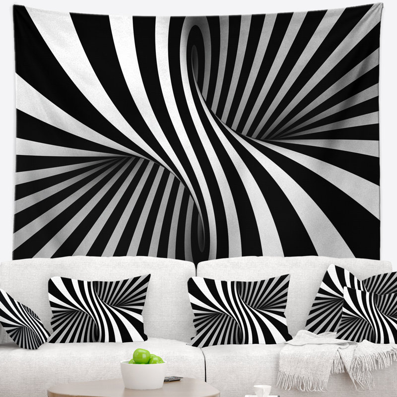 Tapisserie abstraite en spirale noire et blanche, H 32 po x l 39 po
