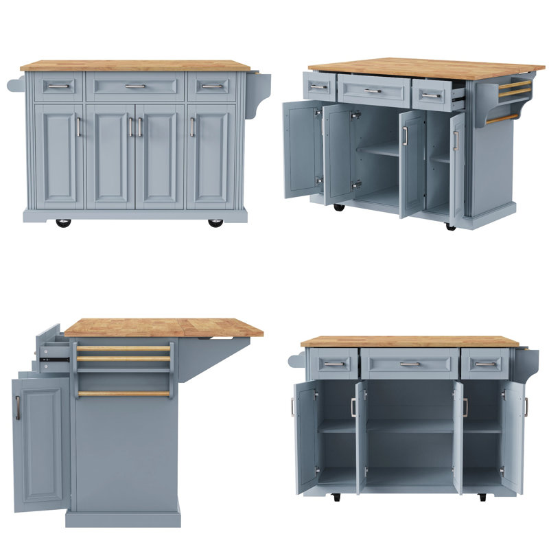 54" Kitchen Island with Rubber Wood Drop Leaf, Embossed Texture Panel, 4 Doors, 3 Drawers, Spice & Towel Racks, Lockable Wheels