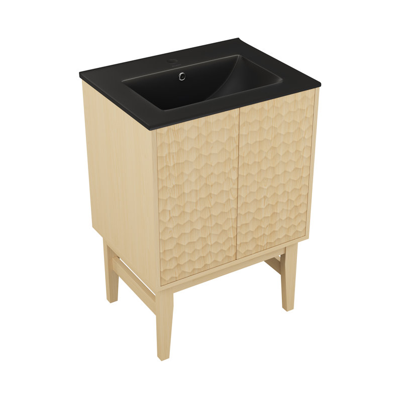 Meuble-lavabo autoportant 24 po Bosse en chêne naturel avec comptoir noir Bosse, Noir, Chêne naturel, Trou unique