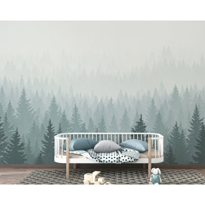 Peinture murale Dreamy Forest - aquarelle arbres à feuilles persistantes, papier peint forêt, art mural pin pour chambre d'enfant
