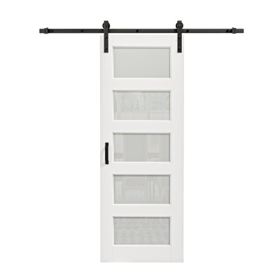 Porte coulissante de style grange, 5 carreaux, 96 po de hauteur, panneaux de verre et de bois, apprêt blanc, avec trousse de quincaillerie d'installation (aucun assemblage requis), fermeture amortie