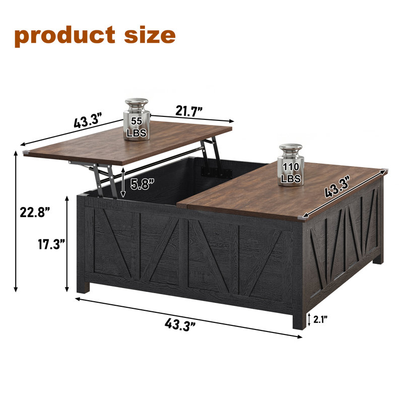 43.3" Farmhouse Lift Top Coffee Table With Hidden Storage, Square Rustic Wood Coffee Table With Hydraulic Lift Mechanism