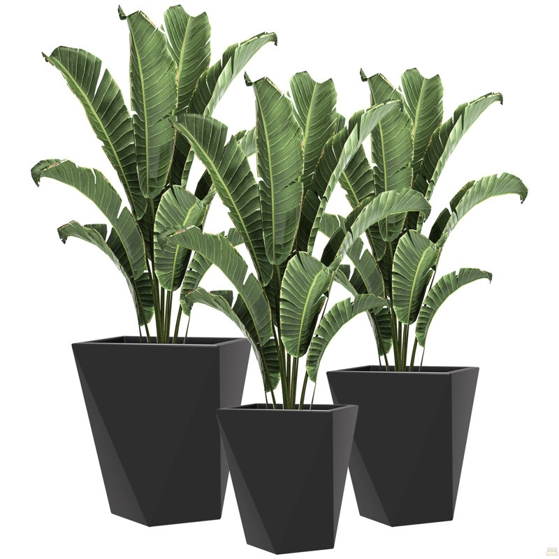 Set Of 3 Tall Planters, 18", 15.25", 11.75", Mgo Indoor Outdoor Planters With Drainage Holes, Stackable Flower Pots For Garden, Patio, Balcony, Front Door, Black