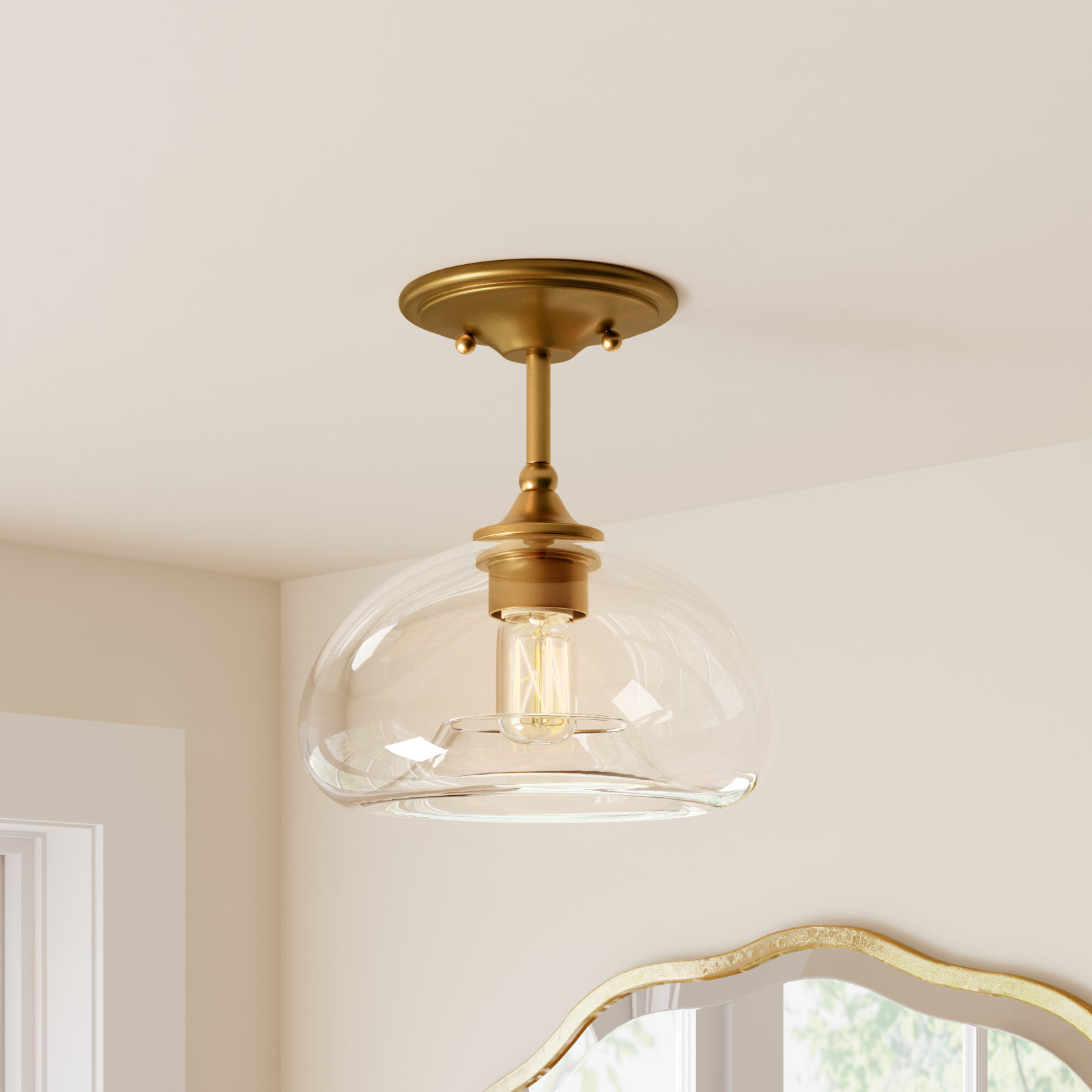 Lani Single Light Glass Semi Flush Mount, Natural Brass 