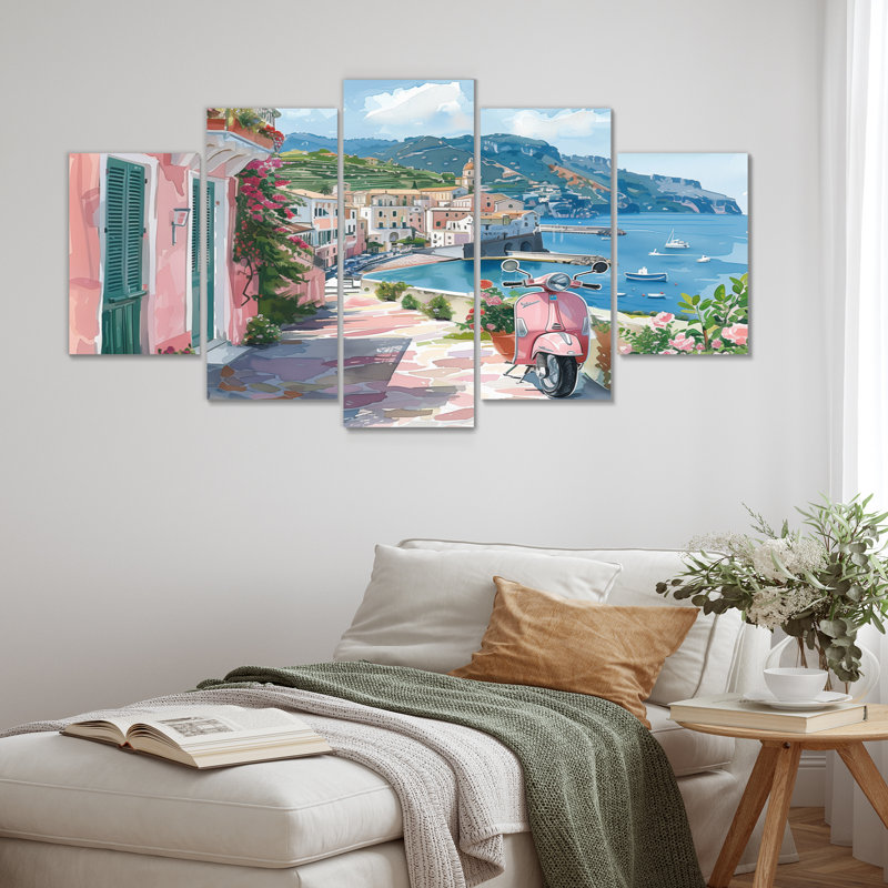 Scooter rose dans un village côtier, Italie I - Italie, ensemble de reproductions d'art mural