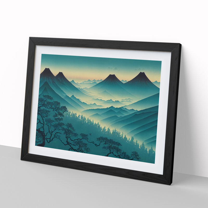 Japanese Forest Mountains - Single Picture Frame Print, Black, 46cm H x 64cm W x 2cm D