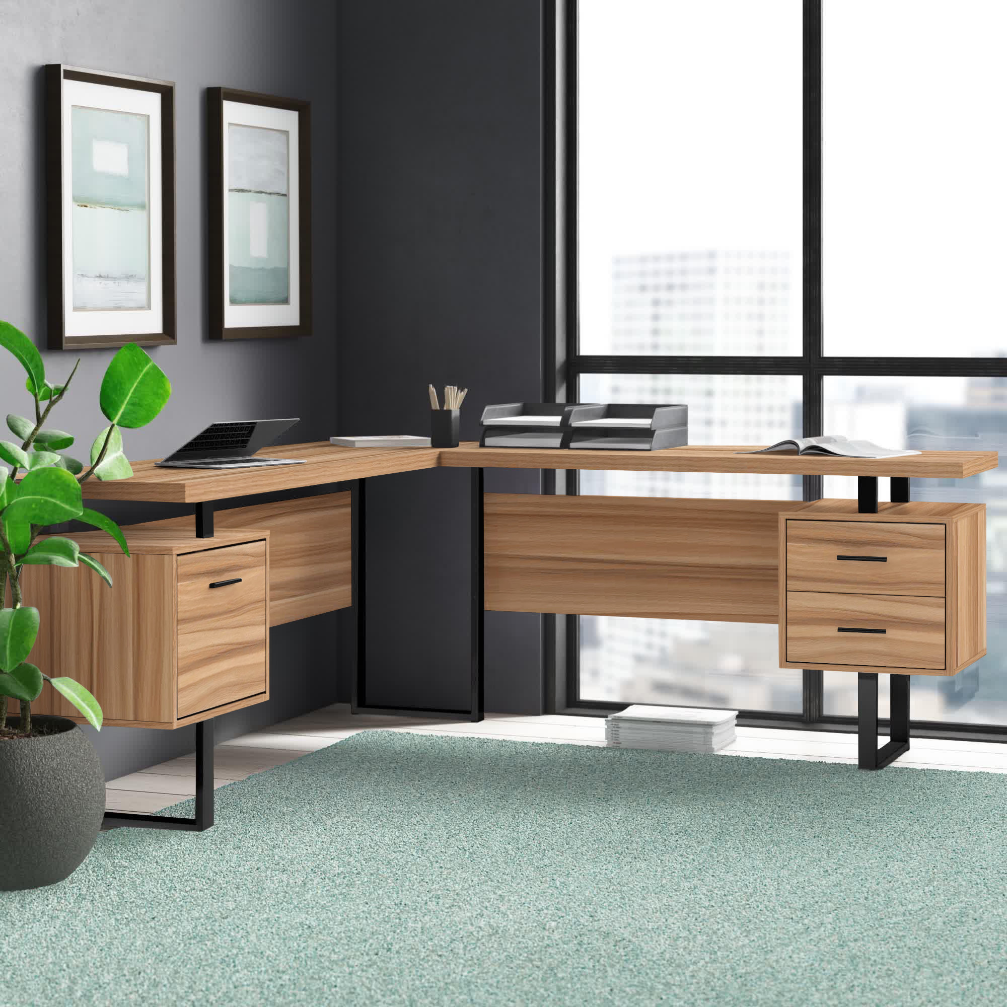 Chicent L-shaped Modern Executive Desk with Ample Storage Right