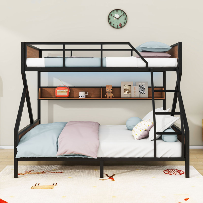 Metal Bunk Bed with Guardrails, Shelves, and Modern LED Lighting, Full Over Queen