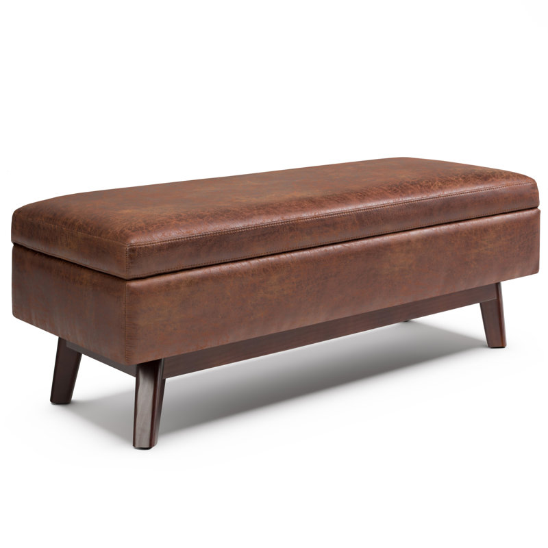 Owen 48"W Upholstered Storage Ottoman with Lift Top and Solid Wood Legs, Saddle Brown Faux Distressed Leather