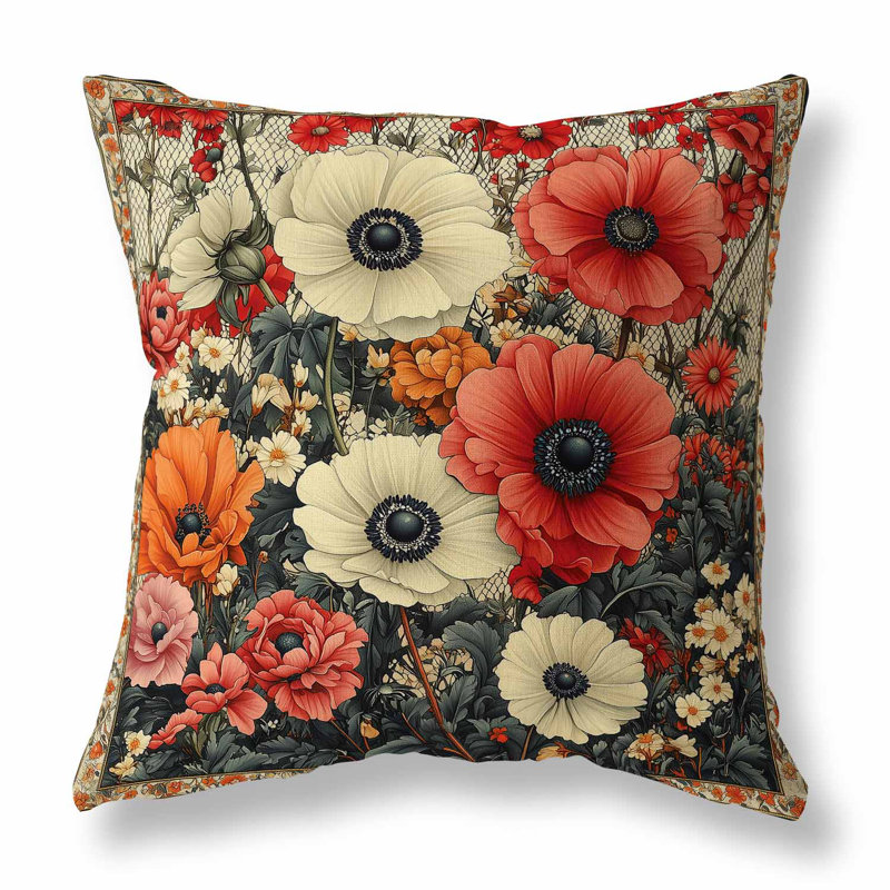 Floral Array Indoor/Outdoor Pillow, Square 18", Red/Beige/Orange