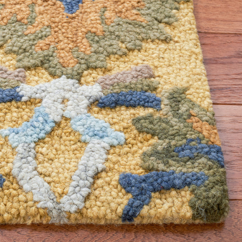 Tapis floral en laine touffeté à la main Haimes, Tapis de couloir 2 pi 3 po x 20 pi, Gold/Navy