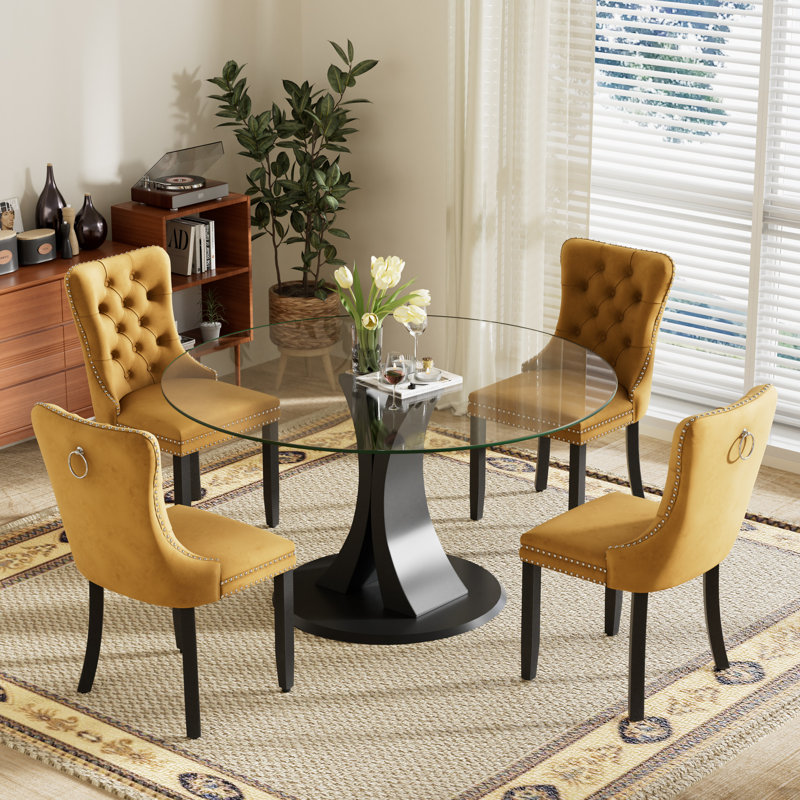4-Piece Round Pedestal Dining Set, Yellow, 29.5" H x 39.7" W x 39.7" D, Clear