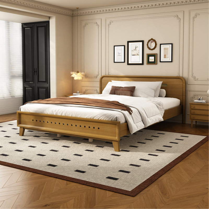 Lit en bois de pin massif, grand et stable, sans sommier, couleur jaune rustique, Grand lit
