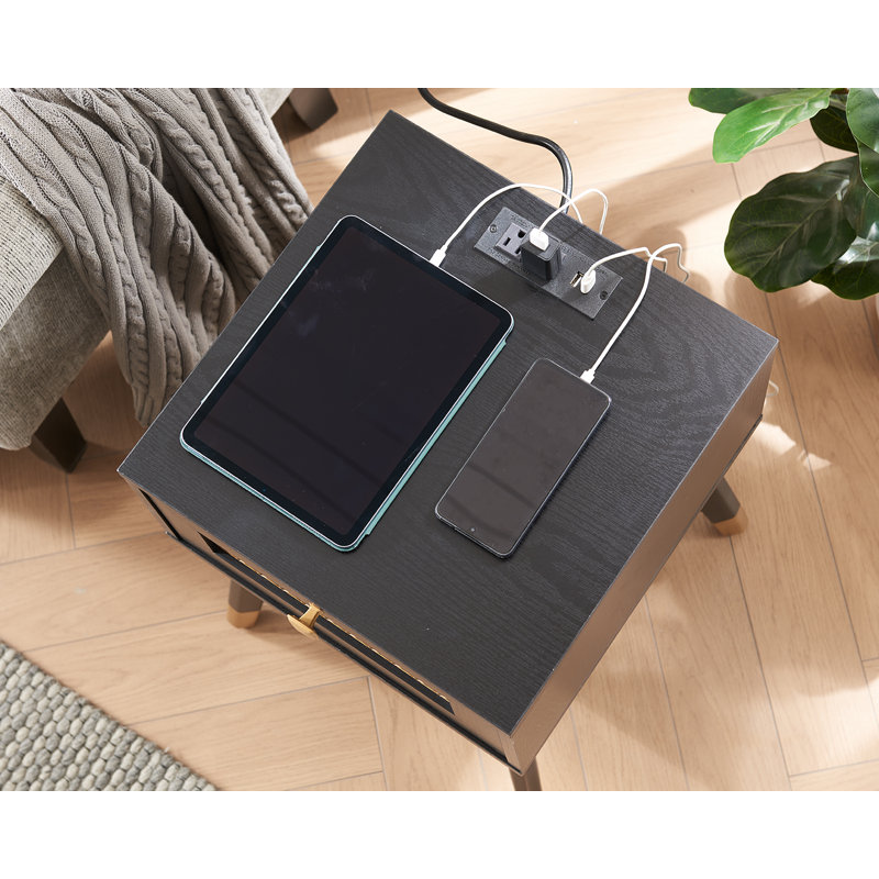 Hedva End Table with Storage and Built-In Outlets, Black